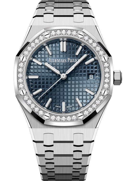 Audemars Piguet 34MM Stainless Steel Royal Oak Ref. 77451ST.ZZ.1361ST.02 Blue Dial with Diamond Bezel