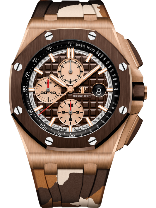 26401RO.OO.A087CA.01 44MM Camo Offshore Rose Gold/Ceramic with Brown Subdials Complete with Box and Papers