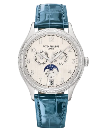 4947G Complications 38mm Shiny Peacock Blue Alligator Strap Silvery Satin Dial White Gold Diamond-paved Bezel