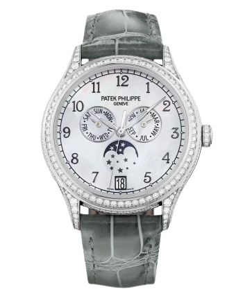 4948G Complications 38mm Pale Gray Shiny Alligator Strap White Balinese Mother-of-Pearl Dial White Gold Diamond-paved Bezel
