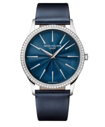 4997/200G Calatrava 35mm Satinated Shiny Navy Blue Brushed Calfskin Strap Midnight Blue Guilloched Lacquered Dial Diamond-set White Gold Bezel