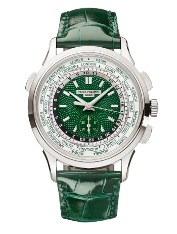 5930P Complications 39.5mm Shiny Bottle Green Alligator Strap Green Hand-Guilloched Dial Platinum Bezel