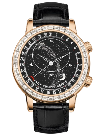 6104R Grand Complications 44mm Shiny Black Alligator Leather Strap Sky Chart & Milky Way Sapphire-Crystal Dial Rose Gold Jeweled Bezel
