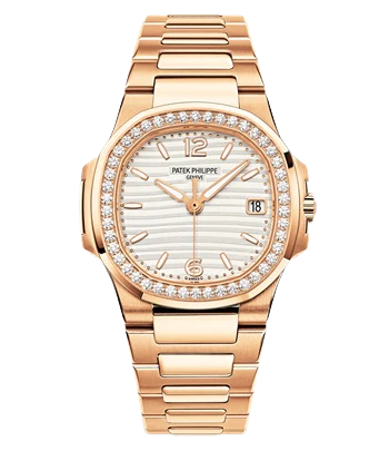 7010/1R Nautilus Rose Gold Bracelet Silvery Opaline Embossed Dial Rose Gold Octagonal Diamond Bezel