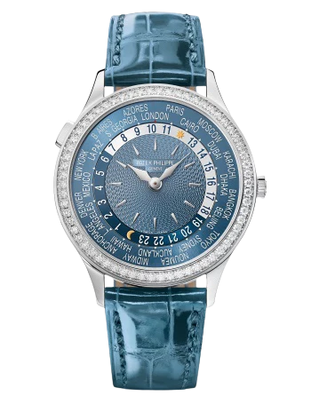 7130G Complications 36mm Shiny Peacock Blue Alligator Strap  Hand-Guilloched Gray-Blue Dial Diamond-set White Gold Bezel