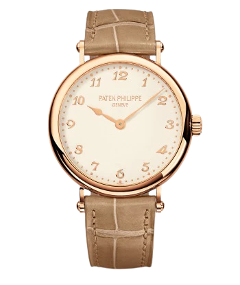 7200R Calatrava 34.6mm Matte Pearly Beige Alligator Strap Silvery-Grained Dial Rose Gold Bezel