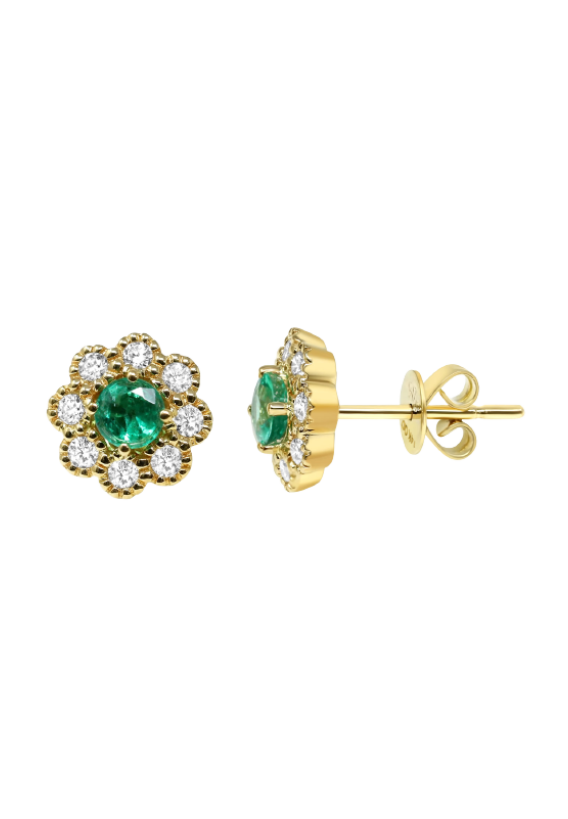 Ladies Diamond Flower Earrings with Emeralds 0.40 Carats