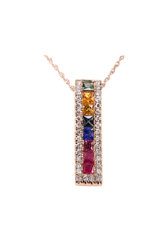 Ladies Diamond Necklace with Rainbow Multi-Colored Sapphires 0.85 Carats