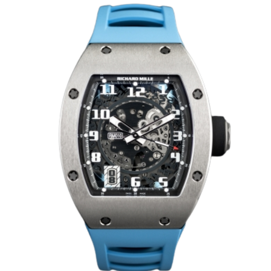 RM 010 White Gold Automatic Sky Blue Rubber Strap White Gold Case