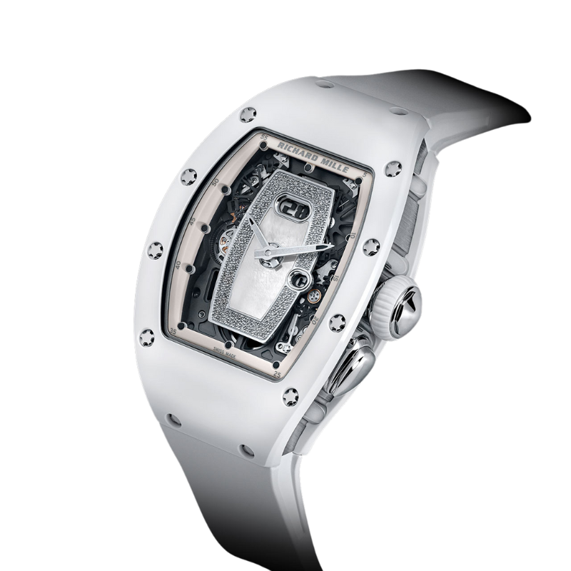 RM 037 Ladies’ White Ceramic Rubber Strap Mother-Of-Pearl Dial Encrusted With a Myriad of Diamonds White Gold Case