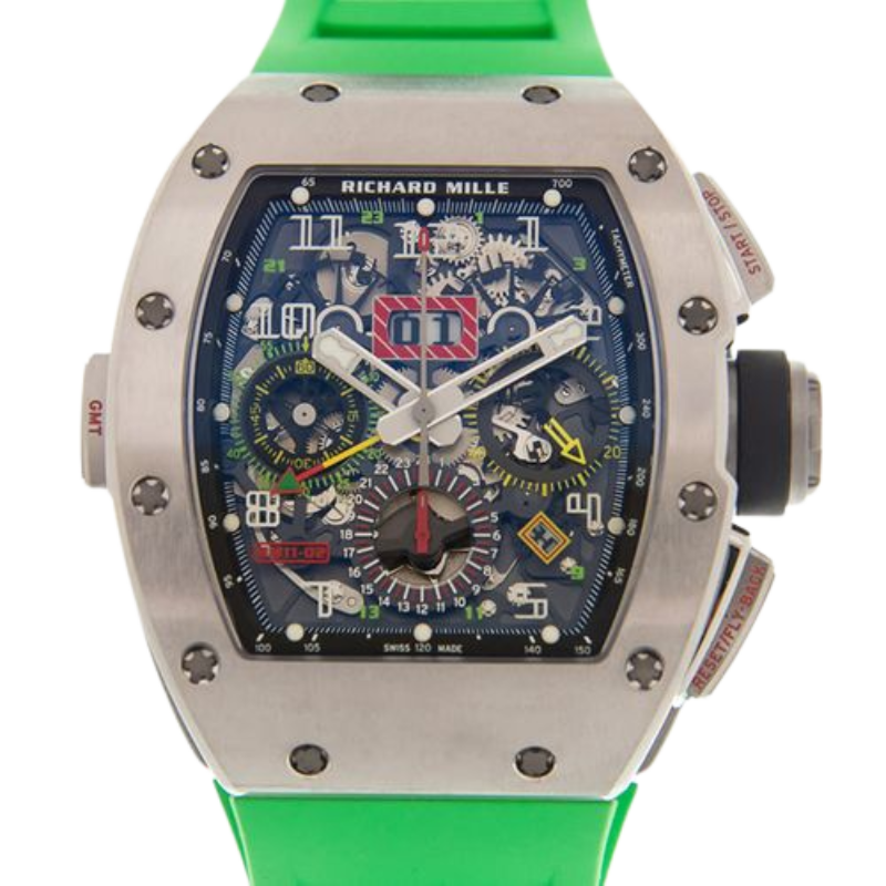 RM 011-02 Flyback Chronograph Dual Time Zone Automatic Titanium Green Rubber Strap Grey Titanium Case and Bezel