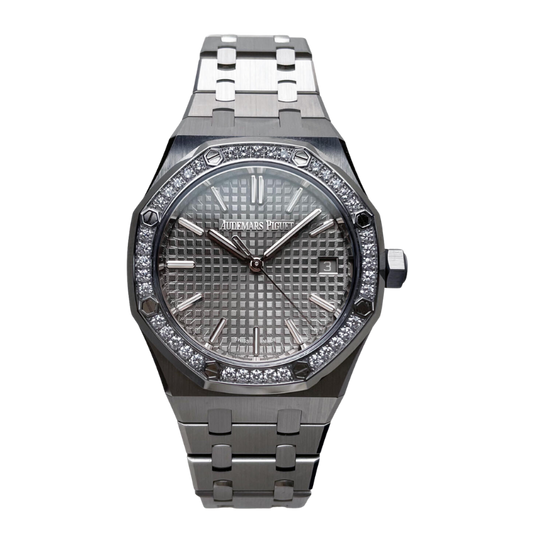 15551ST.ZZ.1356ST.03 37MM Stainless Steel 50th Anniversary Grey Dial Royal Oak with Diamond Bezel