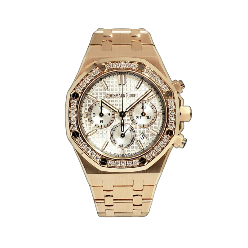 26715OR.ZZ.1356OR.01 38MM Rose Gold Royal Oak Choronograph White Dial with Diamond Bezel