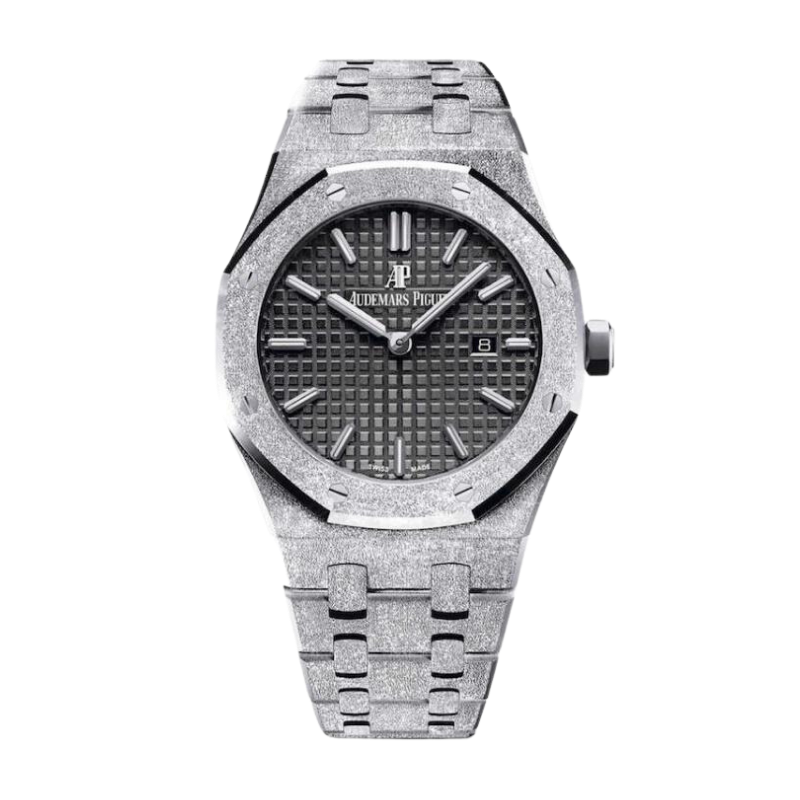 Royal Oak Frosted Gold Quartz Hammered 18-Carat White Gold Bracelet Black Dial With Grande Tapisserie Pattern Hammered 18-Carat White Gold Case