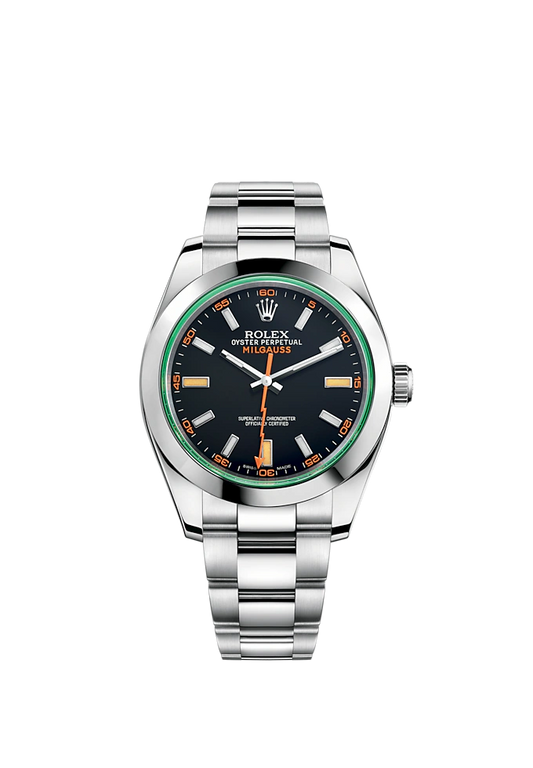Milgauss 40mm Oyster Bracelet Oystersteel and Green Sapphire Crystal with Intense Black Dial Smooth Bezel