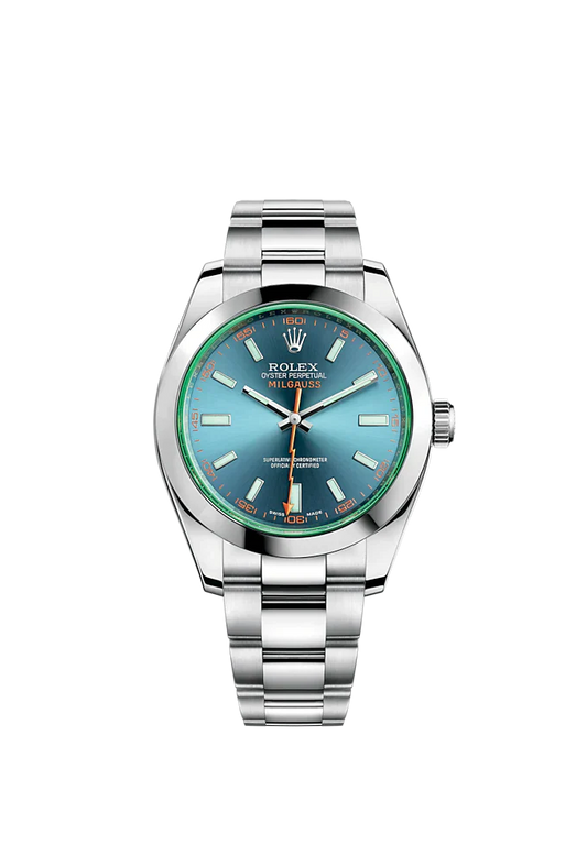 Milgauss 40mm Oyster Bracelet Oystersteel and Green Sapphire Crystal with Z-Blue Dial Smooth Bezel