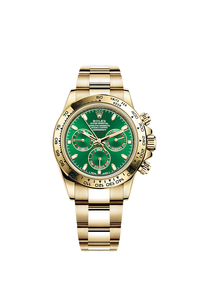 Cosmograph Daytona John Mayer 40MM Oyster Bracelet Bright Green Dial 18 CT Yellow Gold Bezel With Engraved Tachymetric Scale