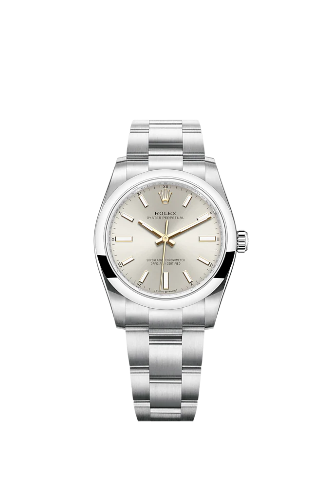 Oyster Perpetual 34 34MM Oyster Bracelet Silver Dial Domed Bezel