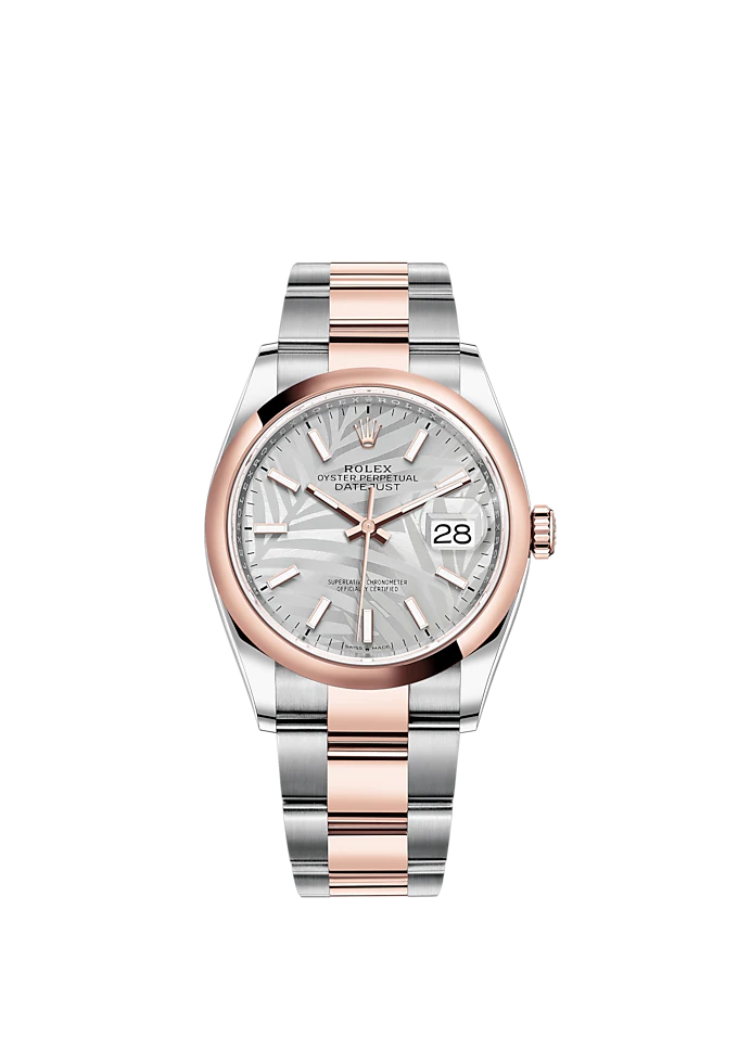 Datejust 36 36mm Oyster Bracelet Oystersteel and Everose Gold with Silver Palm-Motif Dial Domed Bezel