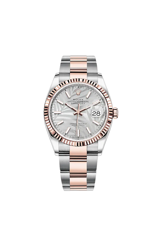 Datejust 36 36mm Oyster Bracelet Oystersteel and Everose Gold with Silver Palm-Motif Dial Fluted Bezel