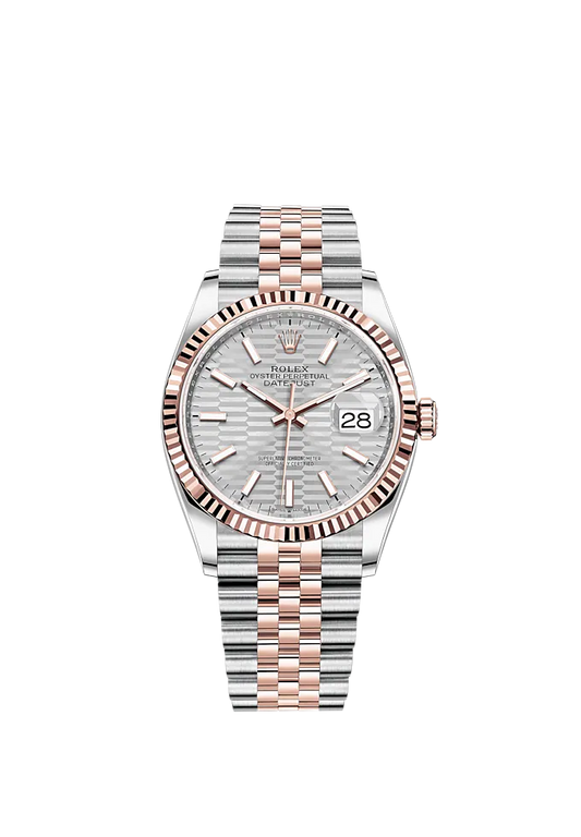 Datejust 36 36mm Oystersteel Jubilee Bracelet and Everose Gold with Silver Palm-Motif Dial Fluted Bezel