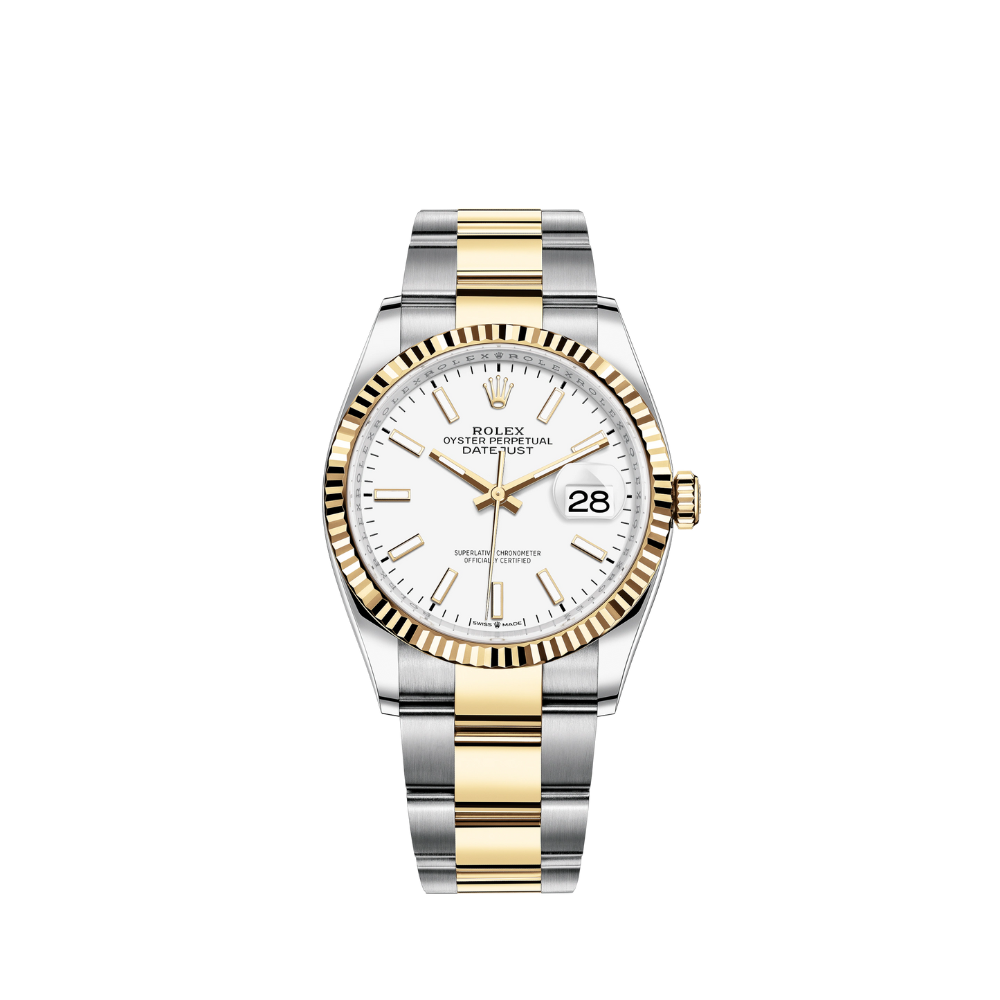 Datejust 36 36mm Oystersteel Bracelet and Yellow Gold with White Dial Fluted Fluted Bezel