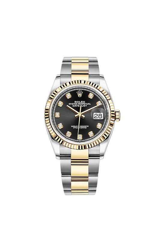 Datejust 36 36mm Oyster Bracelet Oystersteel and Yellow Gold with Bright Black Diamond-Set Dial Fluted Bezel