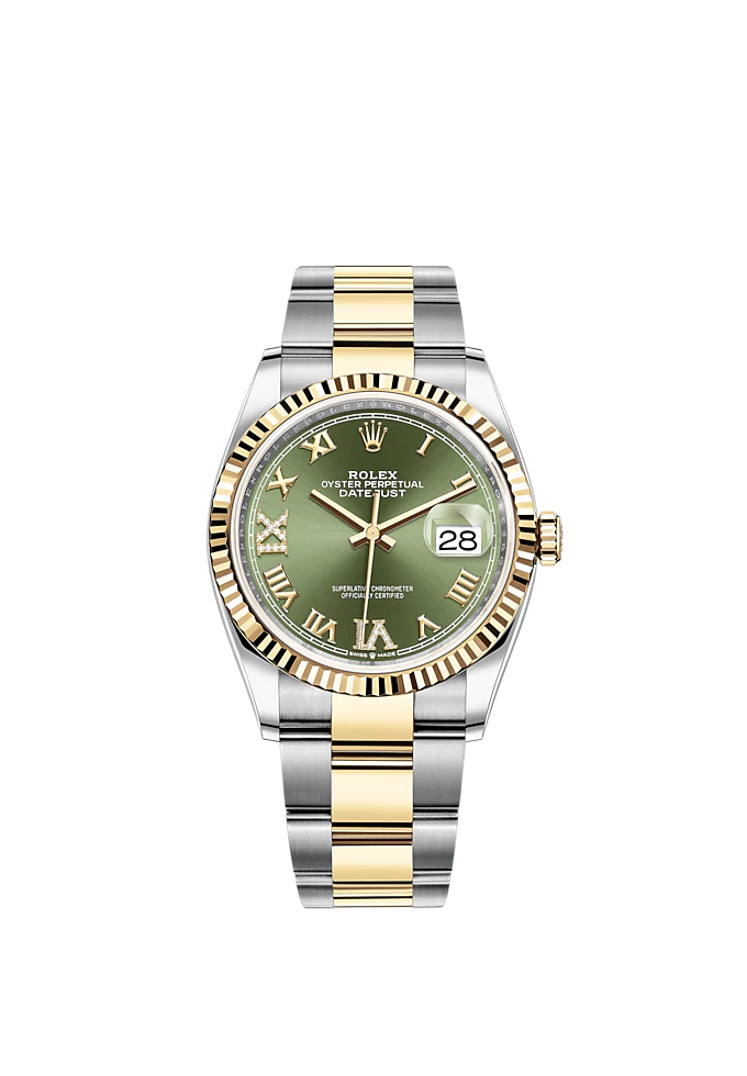 Datejust 36 36mm Oyster Bracelet Oystersteel and Yellow Gold with Olive-Green Diamond-Set Dial Fluted Bezel