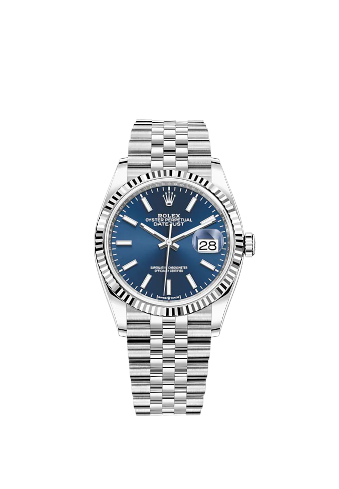 Datejust 36 36mm Oystersteel Jubilee Bracelet and White Gold with Bright Blue Dial Fluted Bezel