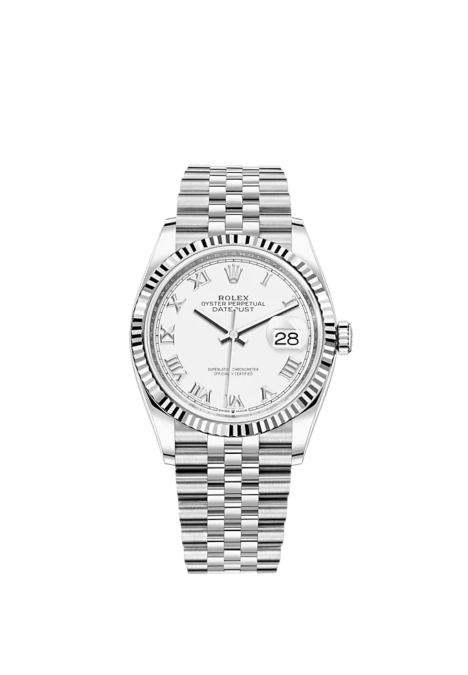 Rolex Datejust Ref. 126234 36mm White Gold Jubilee Bracelet White Roman Dial Fluted Bezel