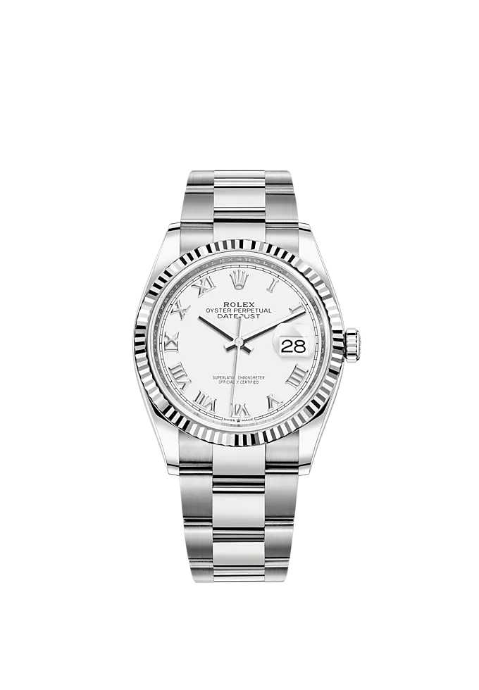 Rolex Datejust Ref. 126234 36mm White Gold Oyster Bracelet White Roman Dial Fluted Bezel