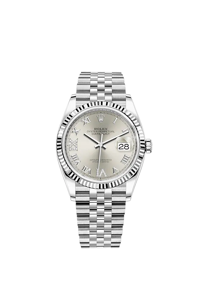 Rolex Datejust Ref. 126234 36mm Jubilee Bracelet and White Gold with Silver Roman Dial Fluted Bezel