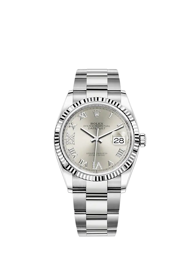 Datejust 36 36mm Oyster Bracelet Oystersteel and White Gold with Silver Diamond-Set Dial Fluted Bezel