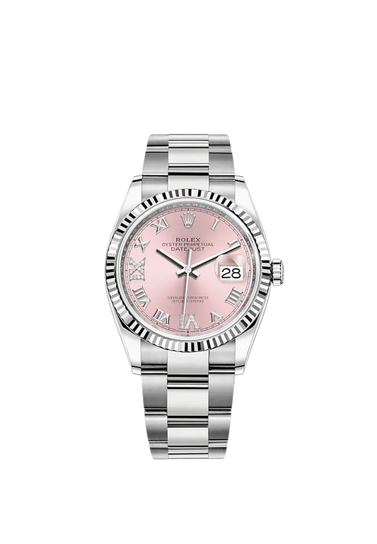 Datejust 36 36mm Oyster Bracelet Oystersteel and White Gold with Pink Diamond-Set Dial Fluted Bezel