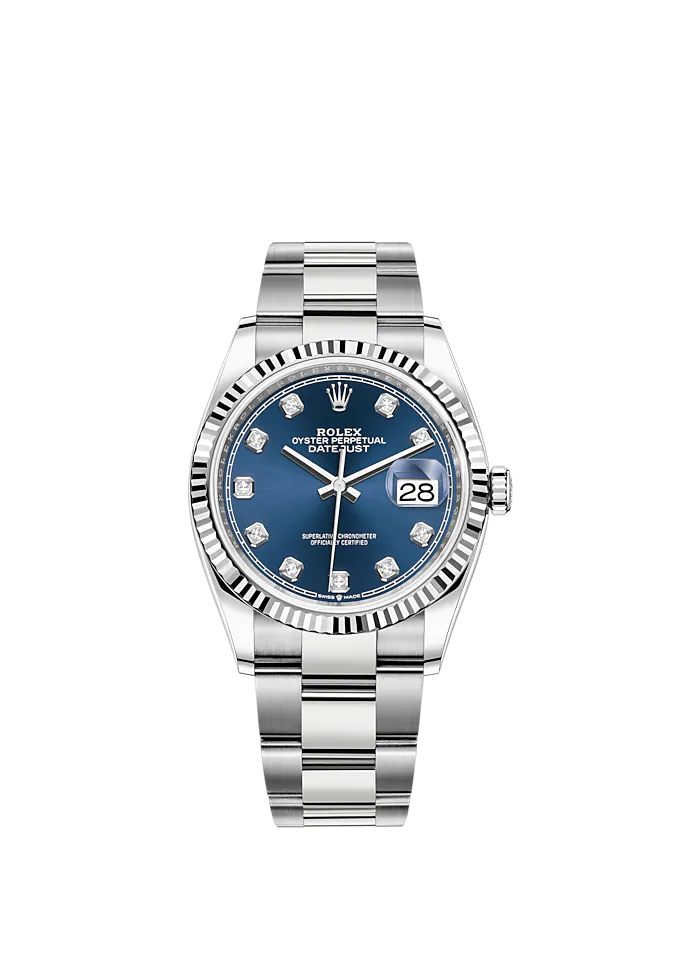 Datejust 36 36mm Oyster Bracelet Oystersteel and White Gold with Bright Blue Diamond-Set Dial Fluted Bezel