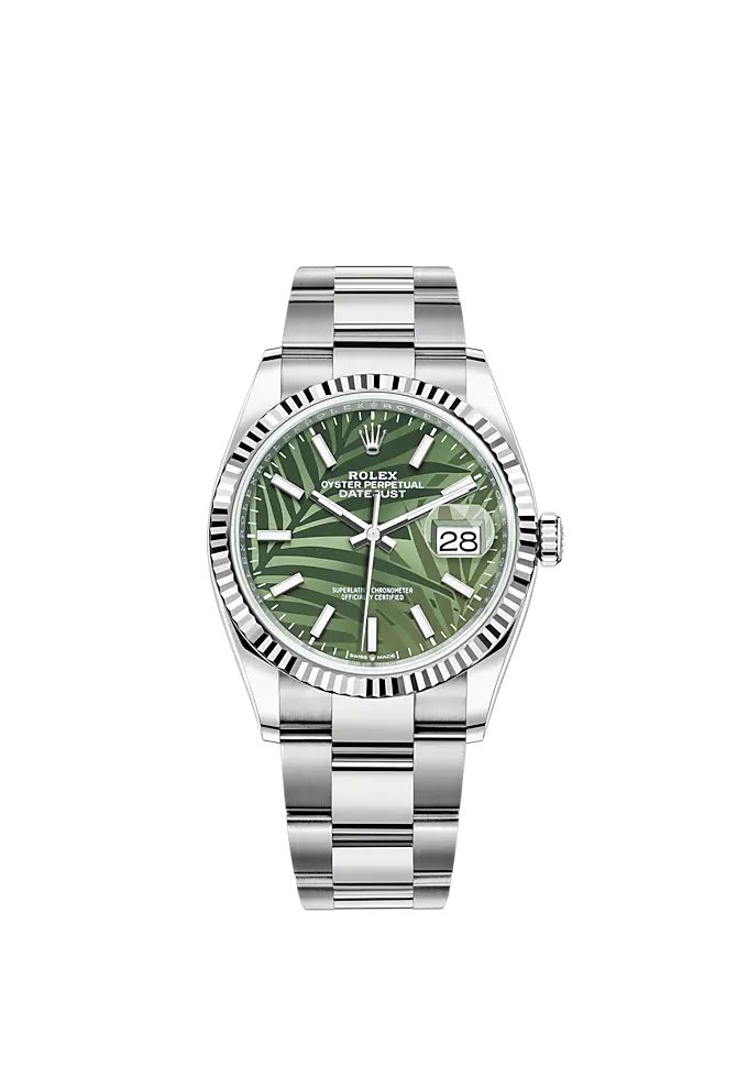 Rolex Datejust Ref. 126234 36mm Oyster Bracelet and White Gold with Olive-Green Palm-Motif Stick Dial Fluted Bezel