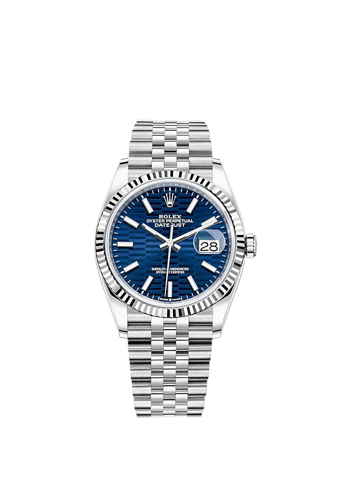 Datejust 36 36mm Oystersteel Jubilee Bracelet and White Gold with Bright Blue Fluted-Motif Dial Fluted Bezel