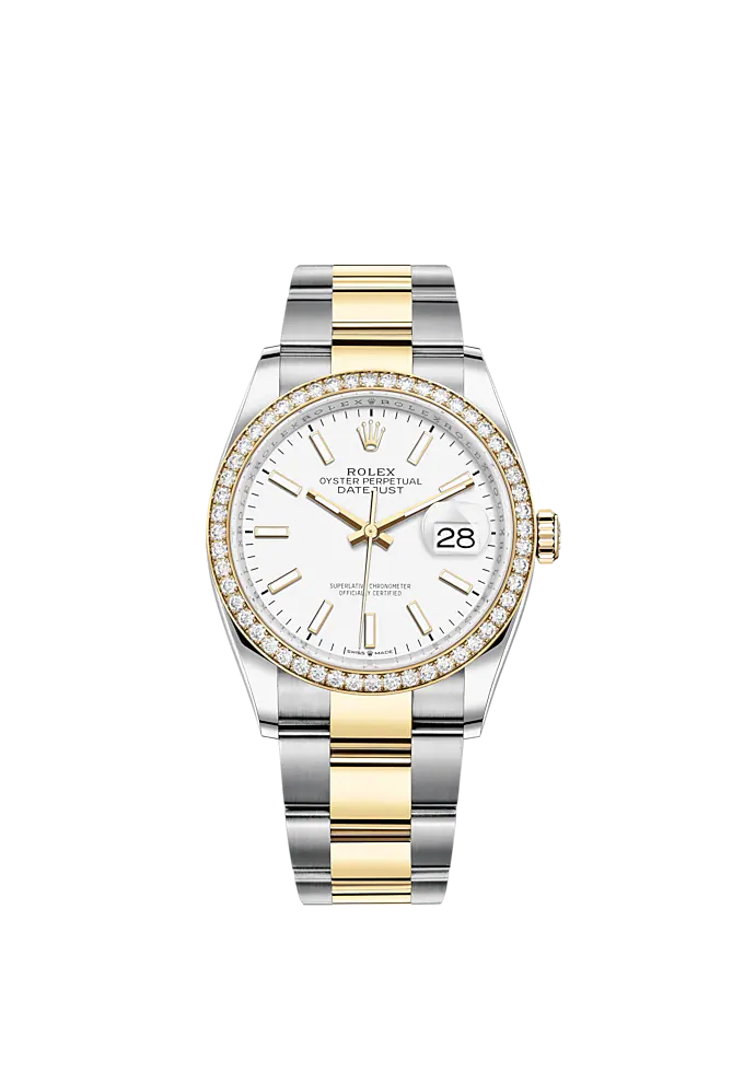 Datejust 36 36mm Oyster Bracelet Oystersteel and Yellow Gold with White Dial Diamond-Set Bezel