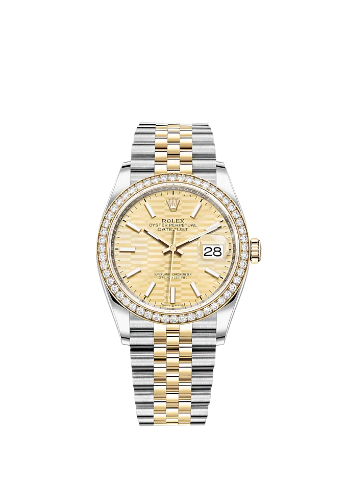 Datejust 36 36mm Oystersteel Jubilee Bracelet and Yellow Gold with Golden Fluted-Motif Dial Diamond-Set Bezel