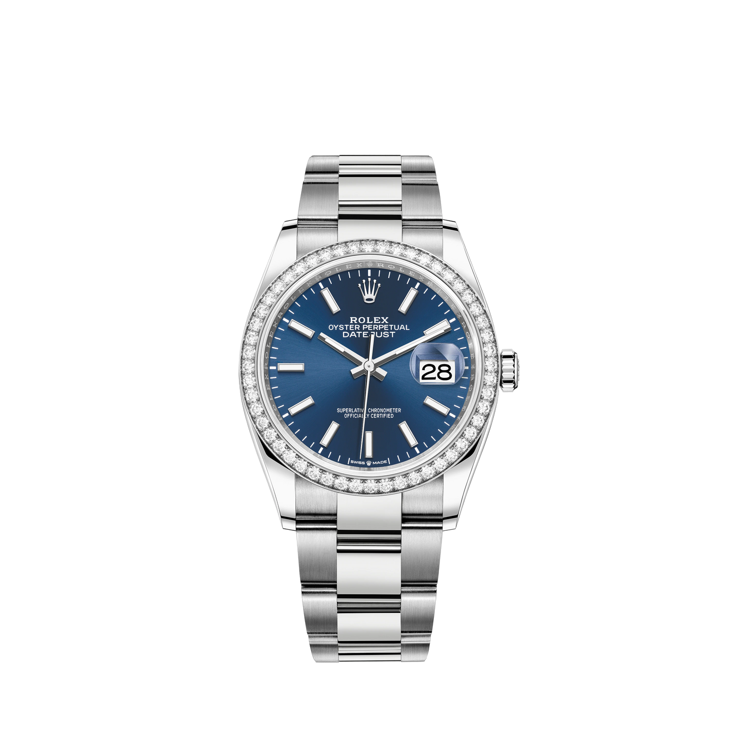 Datejust 36 36mm Oystersteel and White Gold Oyster Bracelet Bright Blue Dial Diamond-set Bezel