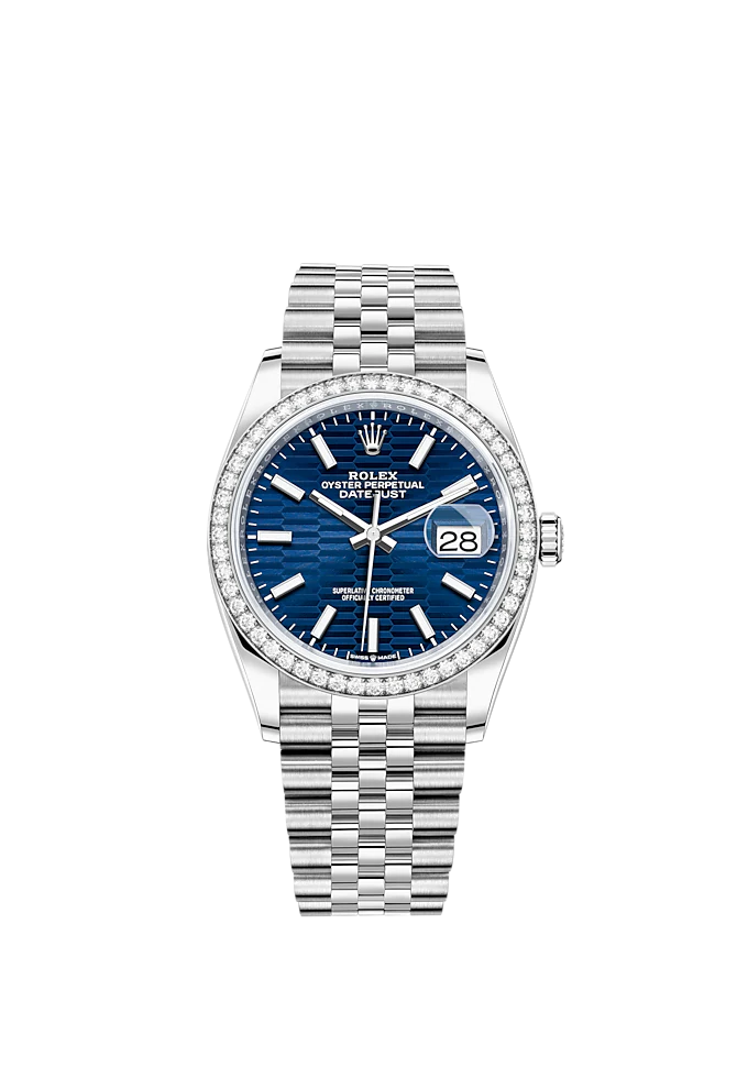 Datejust 36 36mm Oystersteel Jubilee Bracelet and White Gold with Bright Blue Fluted-Motif Dial Diamond-Set Bezel