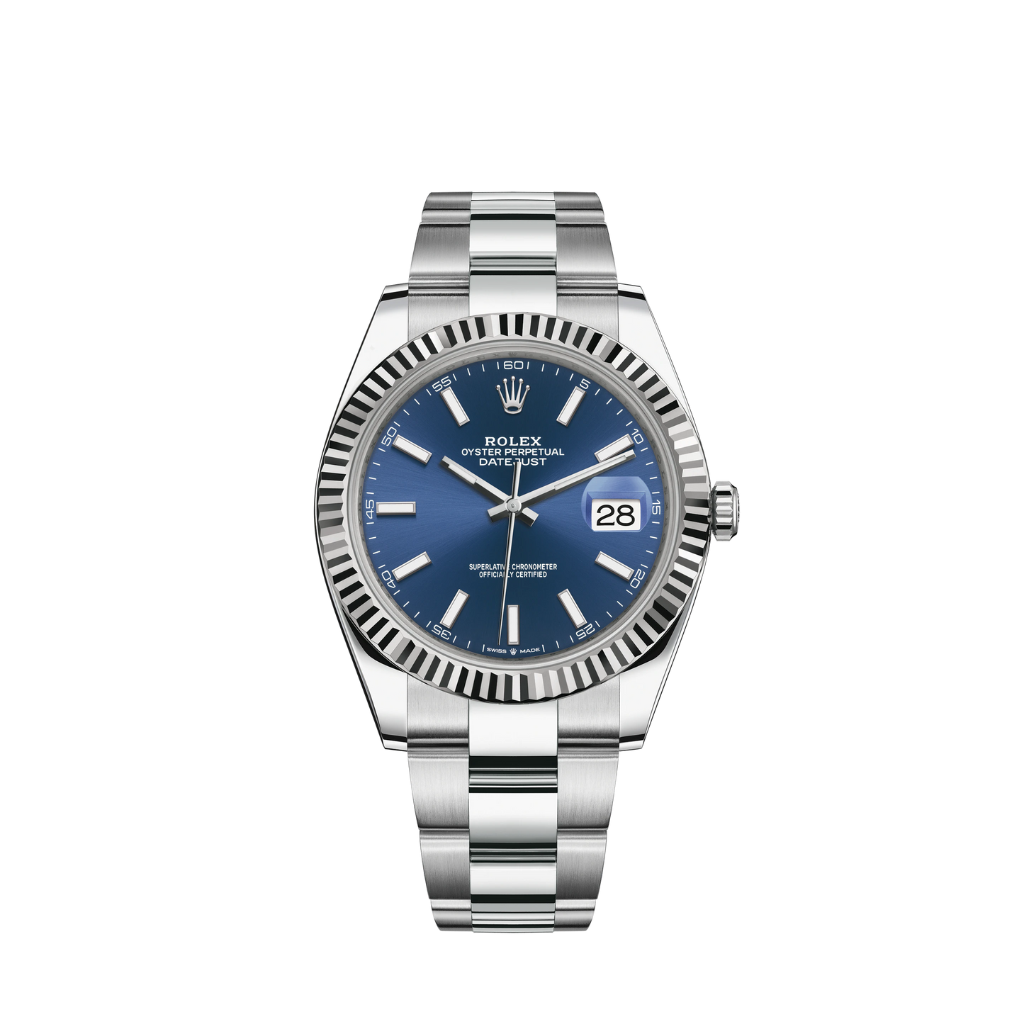 Datejust 41 41mm Oyster Bracelet Oystersteel and White Gold with Bright Blue Dial Fluted Bezel