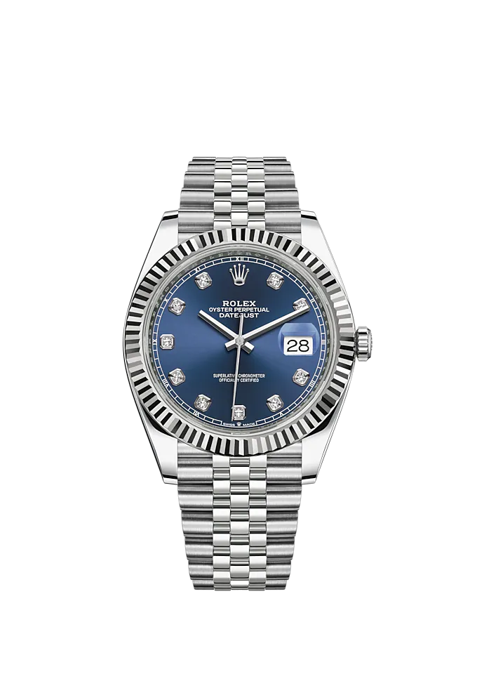 Datejust 41 41mm Jubilee Bracelet Oystersteel and White Gold with Bright Blue Diamond-Set Dial Fluted Bezel
