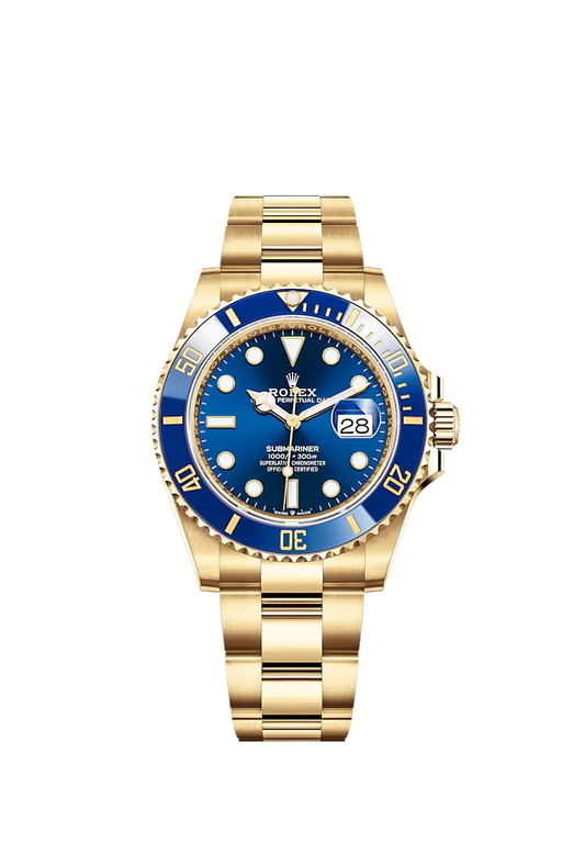 Submariner Date 41mm Oyster Bracelet and 18 CT Yellow Gold with Royal Blue Dial Blue Cerachrom Unidirectional Rotatable Bezel