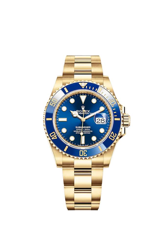 Submariner Date 41mm Oyster Bracelet and 18 CT Yellow Gold with Royal Blue Dial Blue Cerachrom Unidirectional Rotatable Bezel