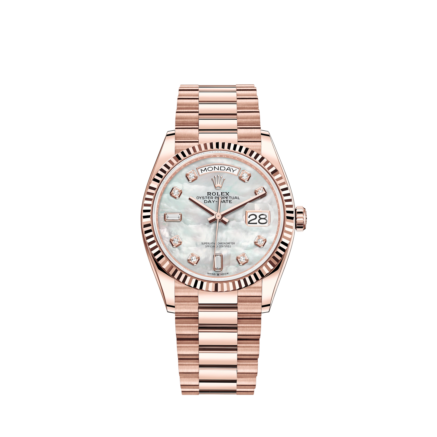 Day-Date 36 36mm President Bracelet and 18 KT Everose Gold with White Mother-of-Pearl Dial Diamond-Set Dial Fluted Bezel
