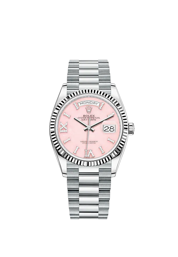 Day-Date 36 36mm President Bracelet and Platinum with Pink Opal Dial Diamond-Set Dial Fluted Bezel