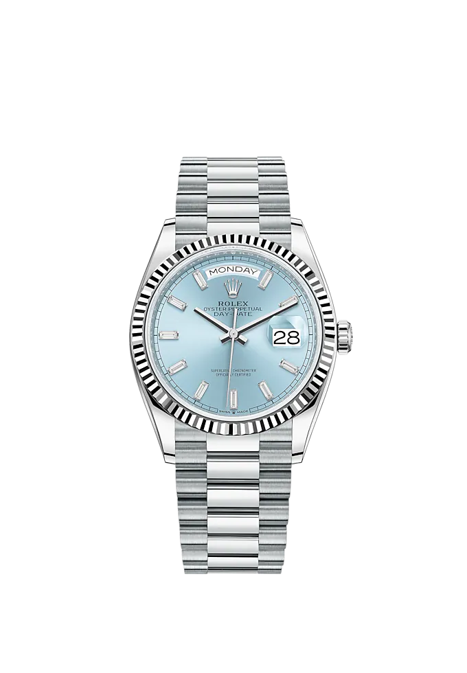 Day-Date 36 36mm President Bracelet and Platinum with Ice-Blue Dial Diamond-Set Bezel Fluted Bezel