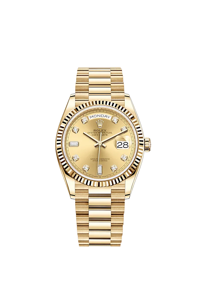 Day-Date 36 36mm President Bracelet and 18 KT Yellow Gold with Champagne-Colour Diamond Marker Dial Fluted Bezel
