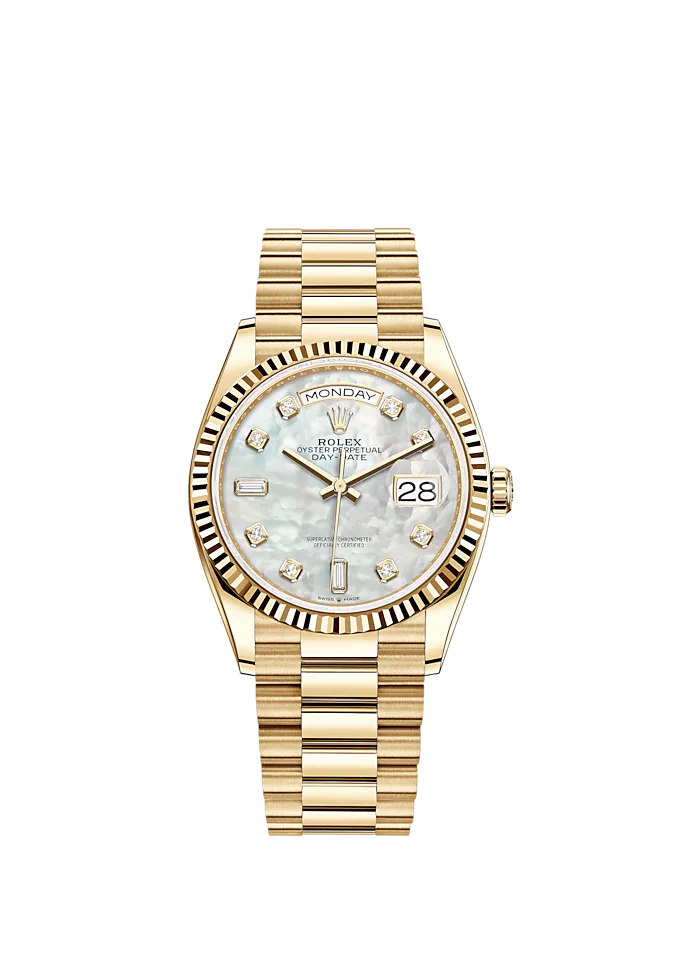 Day-Date 36 36mm President Bracelet and 18 KT Yellow Gold with White Mother-of-Pearl Dial Diamond-Set Dial Fluted Bezel